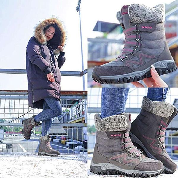 

boots women warm padded plush snow winter trekking hiking non-slip outdoor with hook and loop - 0k0a, Black