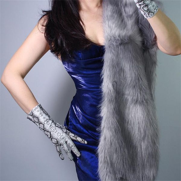 

five fingers gloves snakeskin 28cm patent leather emulation pu bright animal python snake silver female pu109, Blue;gray