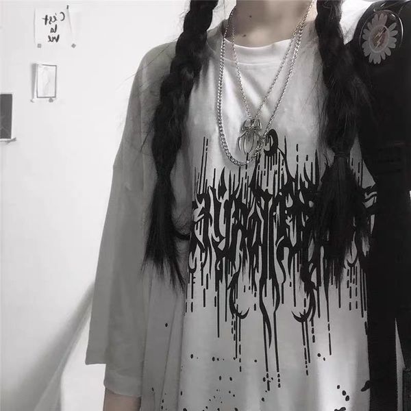 

punk gothic t shirts loose streetwear harajuku letter print summer short sleeve vintage women black tee dropshipping plus size, White