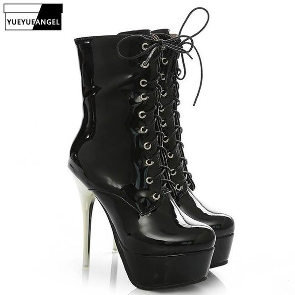 

boots autumn womens stiletto high heels lace up platform clubwear shoes shiny patent leather ankle size us 3-us 9 white red, Black