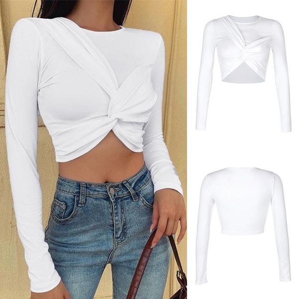 

women's t-shirt autumn round neck personality twisted corset and cropped, White