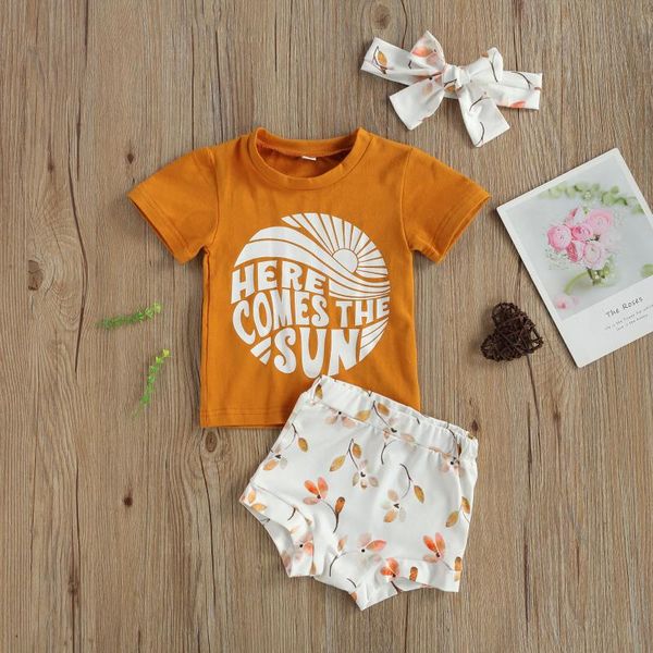 

summer lovely baby girls boys clothes sets 3pcs short sleeve letter print t shirts floral shorts headband clothing, White