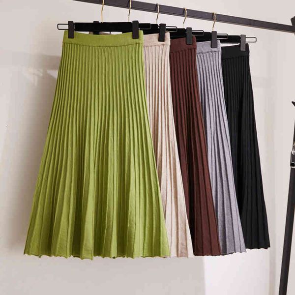 

skirts autumn winter pleated flared long knitted elastic waist rib knitting a-line swing calf 35lm, Black