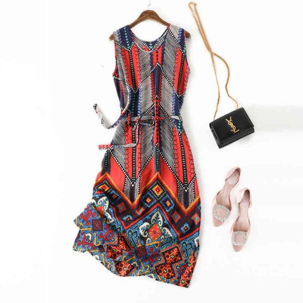 

dress women's 100% pure crept silk round neck sleeveless printed wave long dress mm035, Black;gray