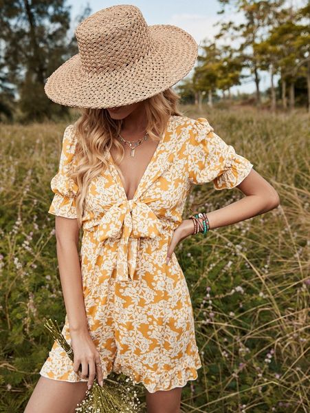 

floral allover print knot detail ruffle hem jumpsuit x0to#, White
