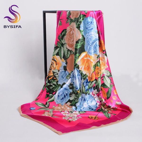 

scarves [bysifa] spring dark pink chinese rose silk scarf shawl accessories china style flowers big square head sjaals, Blue;gray