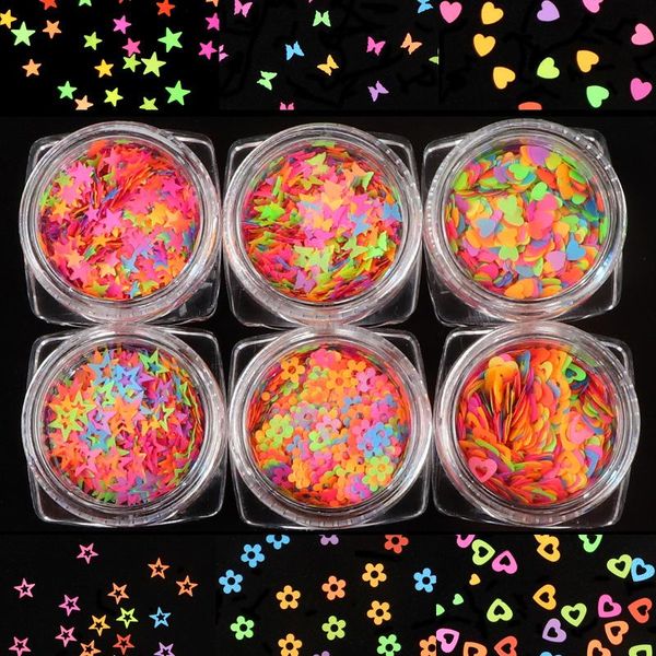 

nail art decorations sequins fluorescent mixed hollow love five-pointed star flower series accessories diy6 color square bottle set, Silver;gold