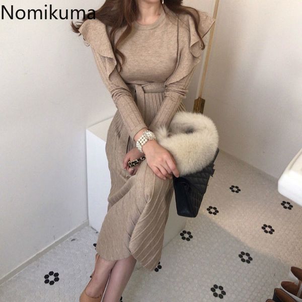 

nomikuma fashion new sweater dress women ruffles slim waist long sleeve a line pleated dresses winter clothes robe mujer 3c952, Black;gray
