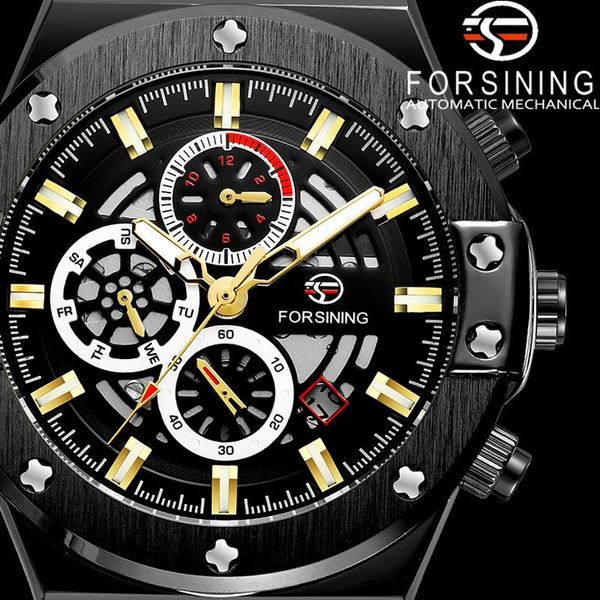 

wristwatches forsining automatic mechanical men wristwatch military sport male clock gold skeleton waterproof man watch 691, Slivery;brown