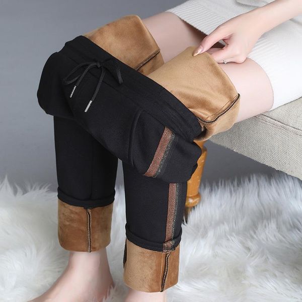 

women's pants & capris 2021 women winter warm high waist elastic skinny thicken velvet trousers female stripe mom stretch pencil plus s, Black;white