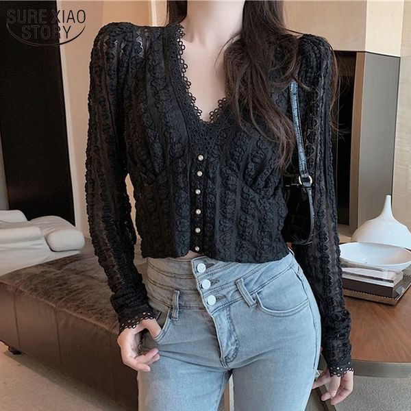 

french style women v-neck long sleeve cardigan short white lace shirt vintage elegant blouses blusas mujer 11841 210508