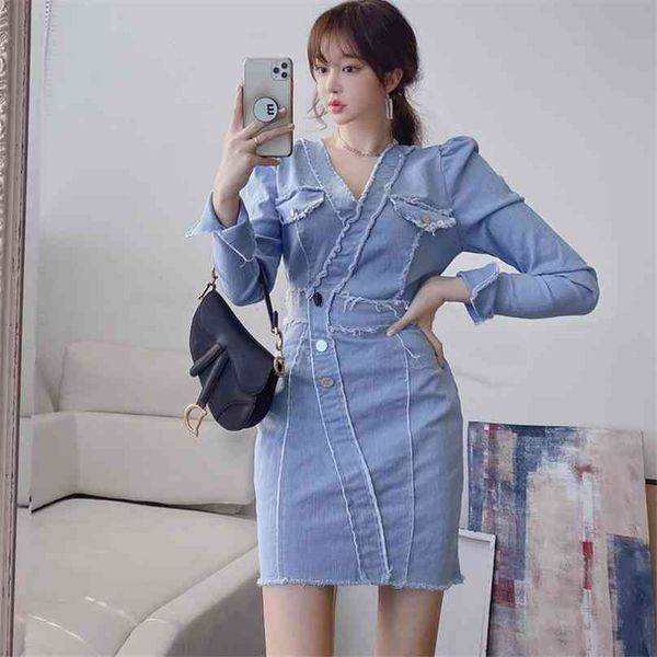 Mini-Jeans-Kleid für Frauen, blau, langärmelig, V-Ausschnitt, Denim, OL, sexy Damen, Büro, Korea, figurbetonte Kleider 210602