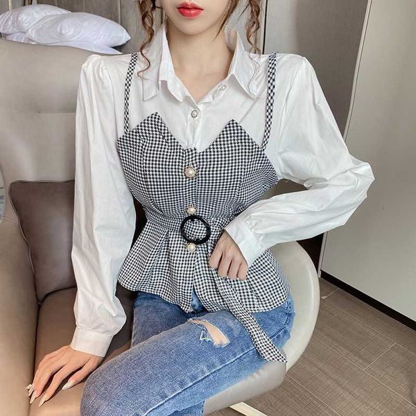 

fake two pieces long sleeve patchwork plaid blouse button design belt elegant shirts female korean fashion women spring 210526, White