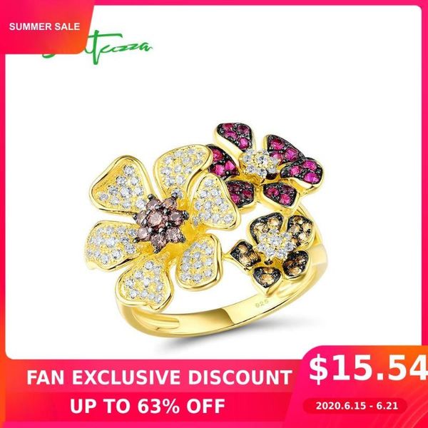 

cluster rings santuzza silver ring for women 925 sterling flower colorful shiny created ruby white cz elegant party fine jewelry, Golden;silver