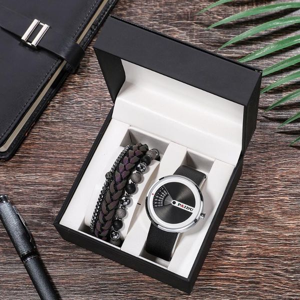 

wristwatches fashion watches bracelets set men learther watch quartz sport wristwatch with beaded woven hand ropes bracelet 4pcs box, Slivery;brown