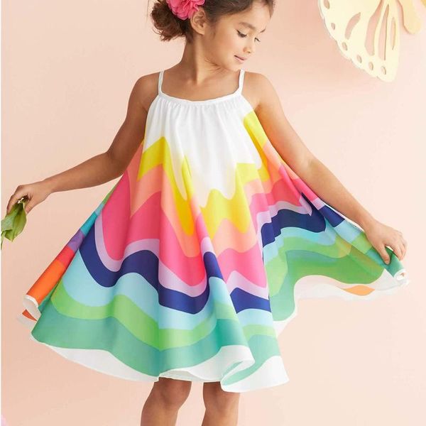 

girl's dresses rainbow print dress summer for children toddler baby girls sleeveless vest backless kids clothes 1 2 3 4 5 y, Red;yellow