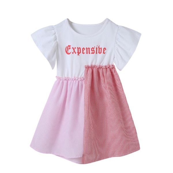 

girl's dresses kids baby girls sumemr sleeve letter patchwork striped knee-length dress toddler children casual clothes 18m-6y, Red;yellow
