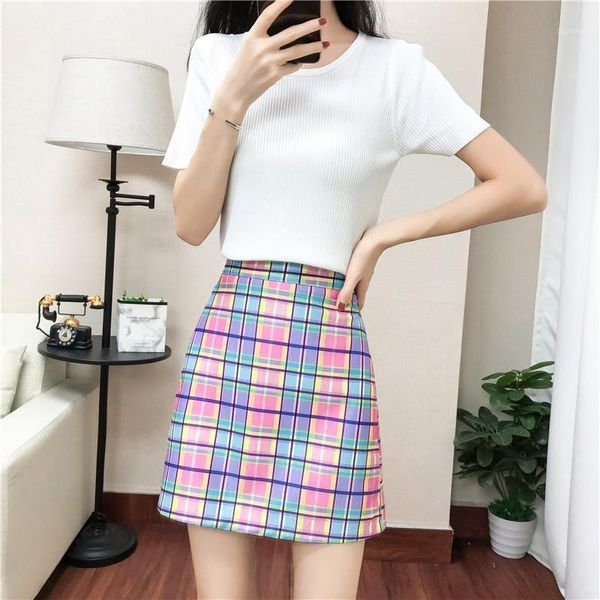 

skirts rainbow plaid harajuku women summer over sized elastic waist a-line pastel mini skirt sweet girl y2k plus size, Black