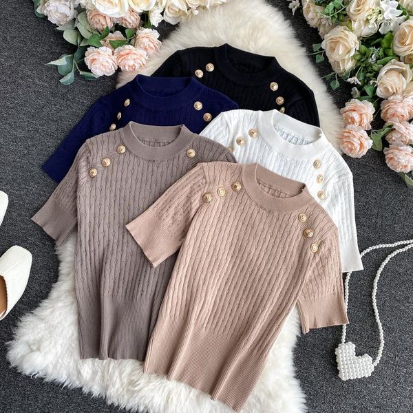 

women's sweaters amolapha women soild buttons knit t shirts jumper short sleeve woman slim pullovers, White;black