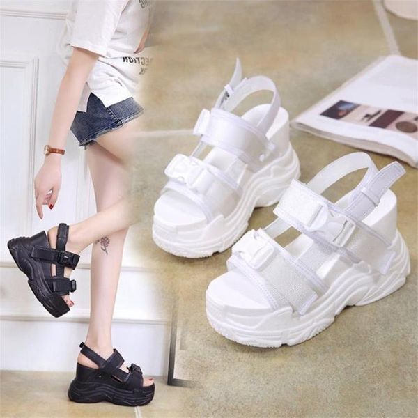

sandals arrival 2021 summer platform women 11.5cm wedges thick bottom casual shoes comfortable white buckle sneakers, Black
