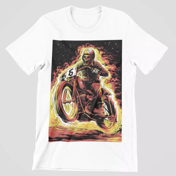 

flame racer t-shirt mens biker skull motorcycle motor bike tee white, White;black