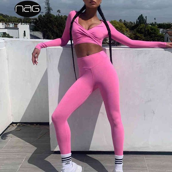 

newasia criss cross sport 2 piece set women low cut long sleeve crop and elastic leggings set summer skinny tracksuit outfit 210413, White