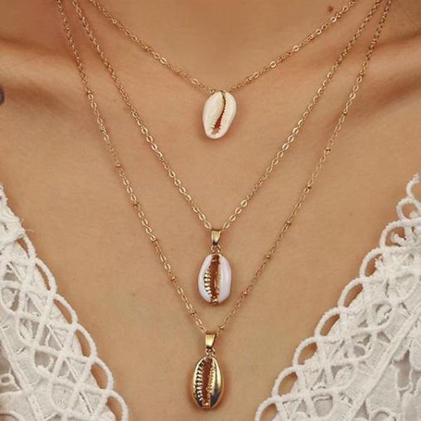

three layers of shell pendant necklace natural gold cowrie women friend cowry seashell bohemian jewelry chains, Silver
