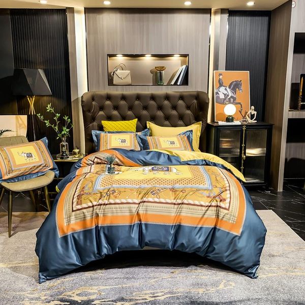 

luxurious 4pcs bedding sets tropical printing 60s washed tencel  king size duvet cover bed linen silk sheet pillowcase