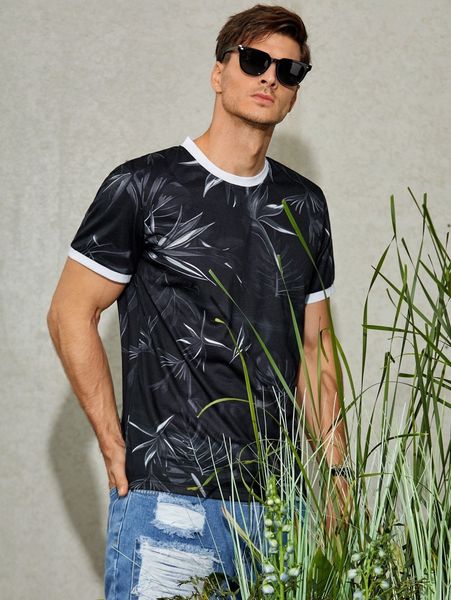 

men tropical print contrast trim tee g3f5#, White;black