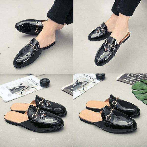 

luxury brand mens designer horsebit metal buckle bee rincetown slippers genuine leather mules black slipper men indoor and outdoor casual la