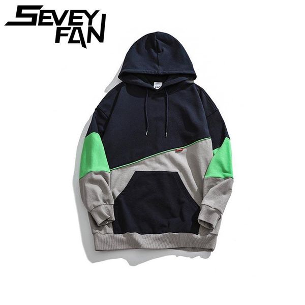 

men's hoodies & sweatshirts seveyfan 2021 hooded sweatshirt contrast stitching kangaroo pocket loose hoodie fashion pullover, Black