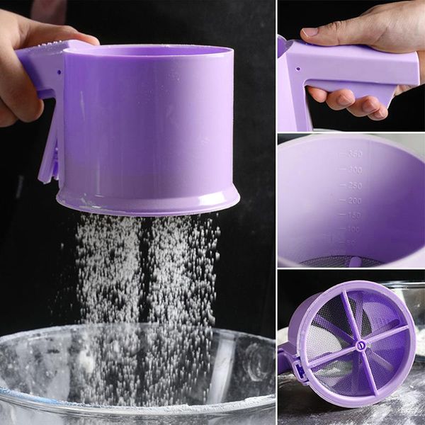 

baking tool plastic flour sieve cup shape mechanical powder sugar ice shaker with handle & pastry tools