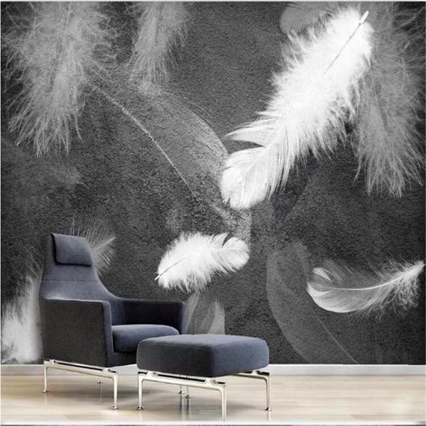 

wallpapers milofi custom 3d po wall painting wallpaper black and white gray hand-painted feather modern minimalist tv background