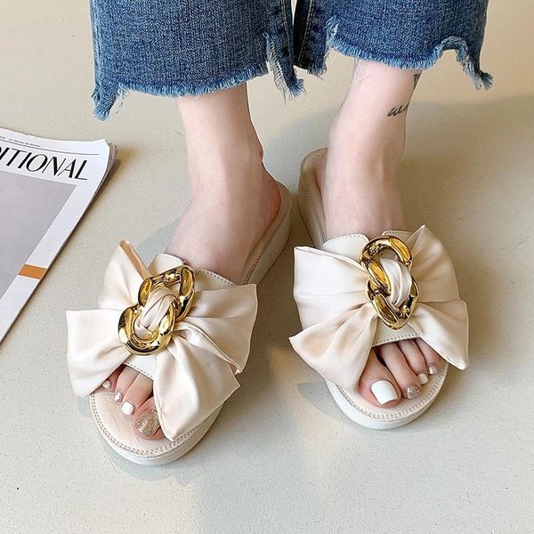 

slippers women platform fashion chain design elegant bow-knot upper decoration summer open-toe sandals black casual shoes
