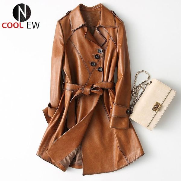

women's leather & faux genuine womens medium length trench coats long sleeve irregular button sashes slim fit office ladies, Black