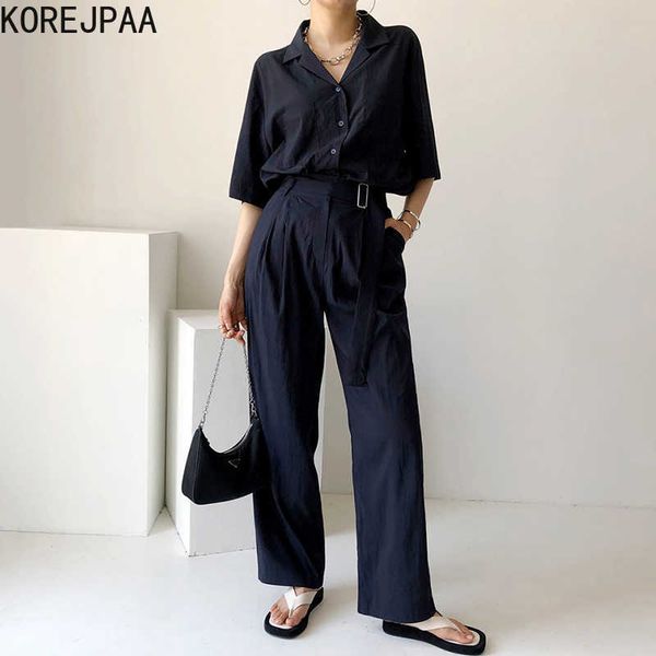 

korejpaa women sets summer korean chic simple lapel single-breasted short-sleeved shirt straight-leg overalls casual pants 210526, White
