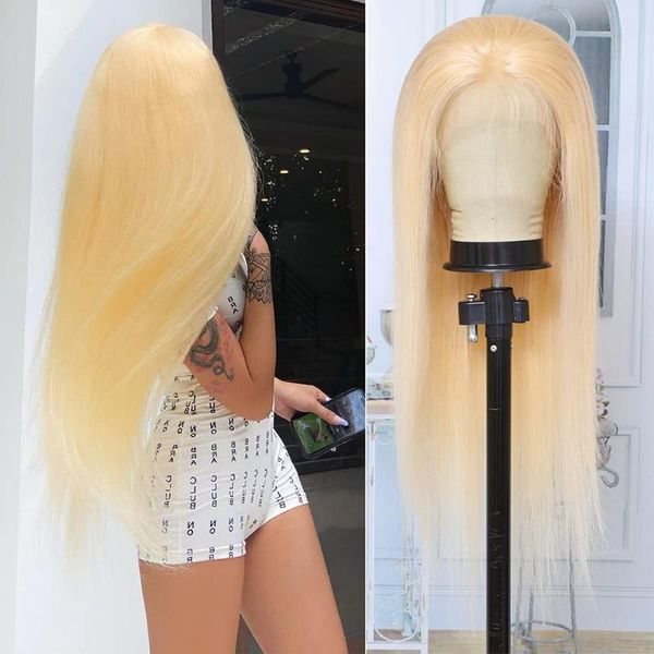 

lace wigs 13x6 #613 blonde long straight front wig human hair pre plucked bleached for women brazilian 32 inch 250% density, Black;brown