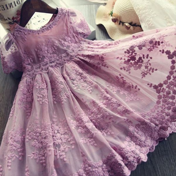 

girls flower lace embroidery girl dress kids summer short sleeve elegant princess costume birthday party vestidos children clothes, Red;yellow