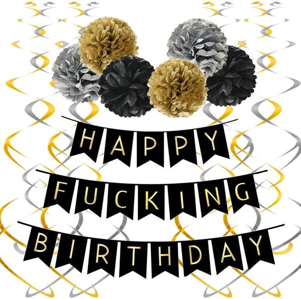 

party decoration black happy fucking birthday banner with pom poms streamers for friends 30th 40th 50th decorations supplies