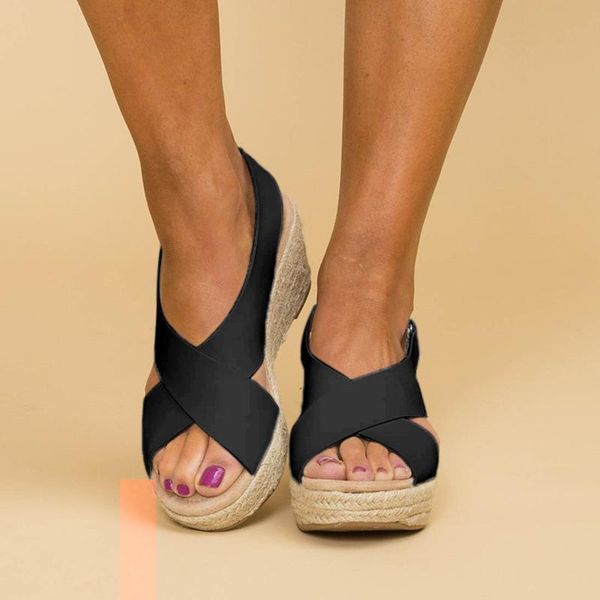 

summer women high heels wedges sandals gladiator cross strappy espadrille ladies shoes beach open toe platform big size, Black