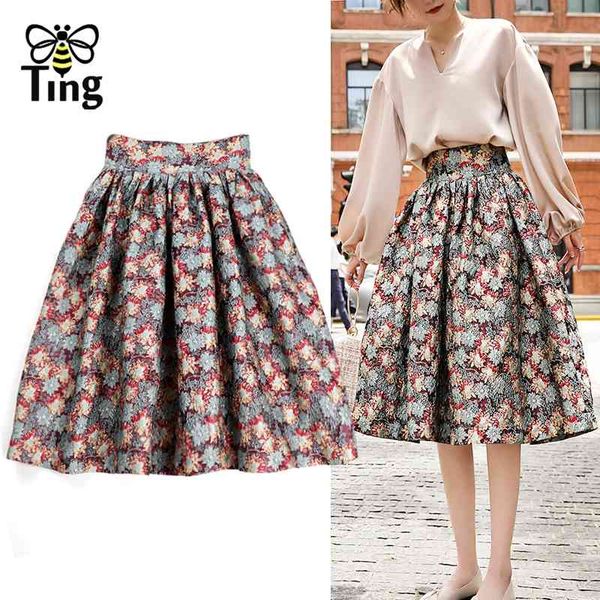 

vintage elegant high waist jacquard a line skirts flower 90s herburn stylish ball gowns bottom midi saia 210513, Black
