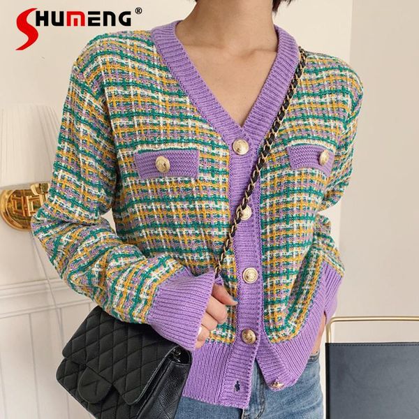 

women's knits & tees pink v-neck single-breasted loose cardigan women 2021 spring wild contrast color striped coarse flower knitted swe, White