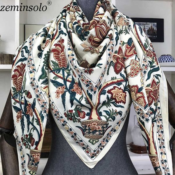 

100% silk scarf women large shawls floral print stoles square bandana luxury brand kerchief scarves female foulard 130*130cm q0828, Blue;gray
