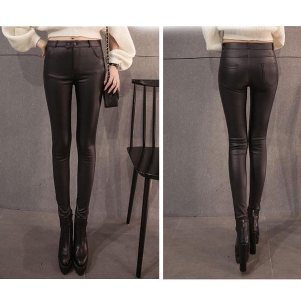 

women's pants & capris autumn winter women leather high waisted elastic shiny trousers slim female pencil pantalon femme -/, Black;white