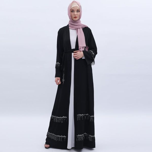 

casual dresses spring muslim womens long wide sleeve tie waist sequin maxi kaftan open abaya turkey moroccan, Black;gray