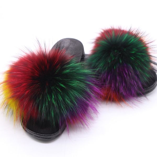 

fluffy slippers women shoes house real fox fur flip flop female furry fur slides indoor woman sandals shoes with fur raccoon, Black