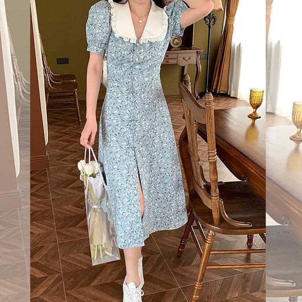 

french baby collar bubble sleeve floral drs for women, Black;gray