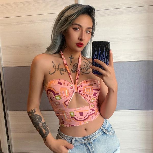 

women's tanks & camis 2021 summer women\u2021s halter bandage vest fashion abstract printing hollow exposed navel camisole, White