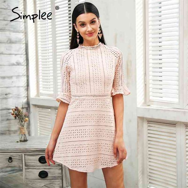 Simplee Elegant Hollow Out Lace Kleid Frauen halbe Ärmel Summer Style Midi Weißes Kleid Frühling Kurz lässige Kleid Vestidos 210331