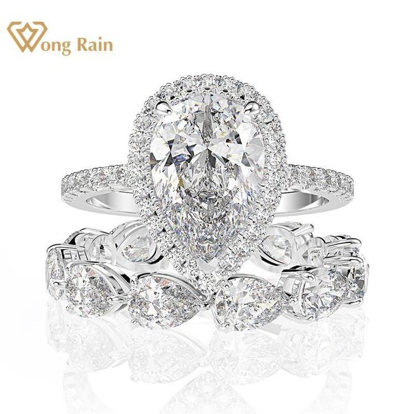 

cluster rings wong rain luxury 100% 925 sterling silver created moissanite gemstone engagement ring sets wedding band fine jewelry wholesale, Golden;silver